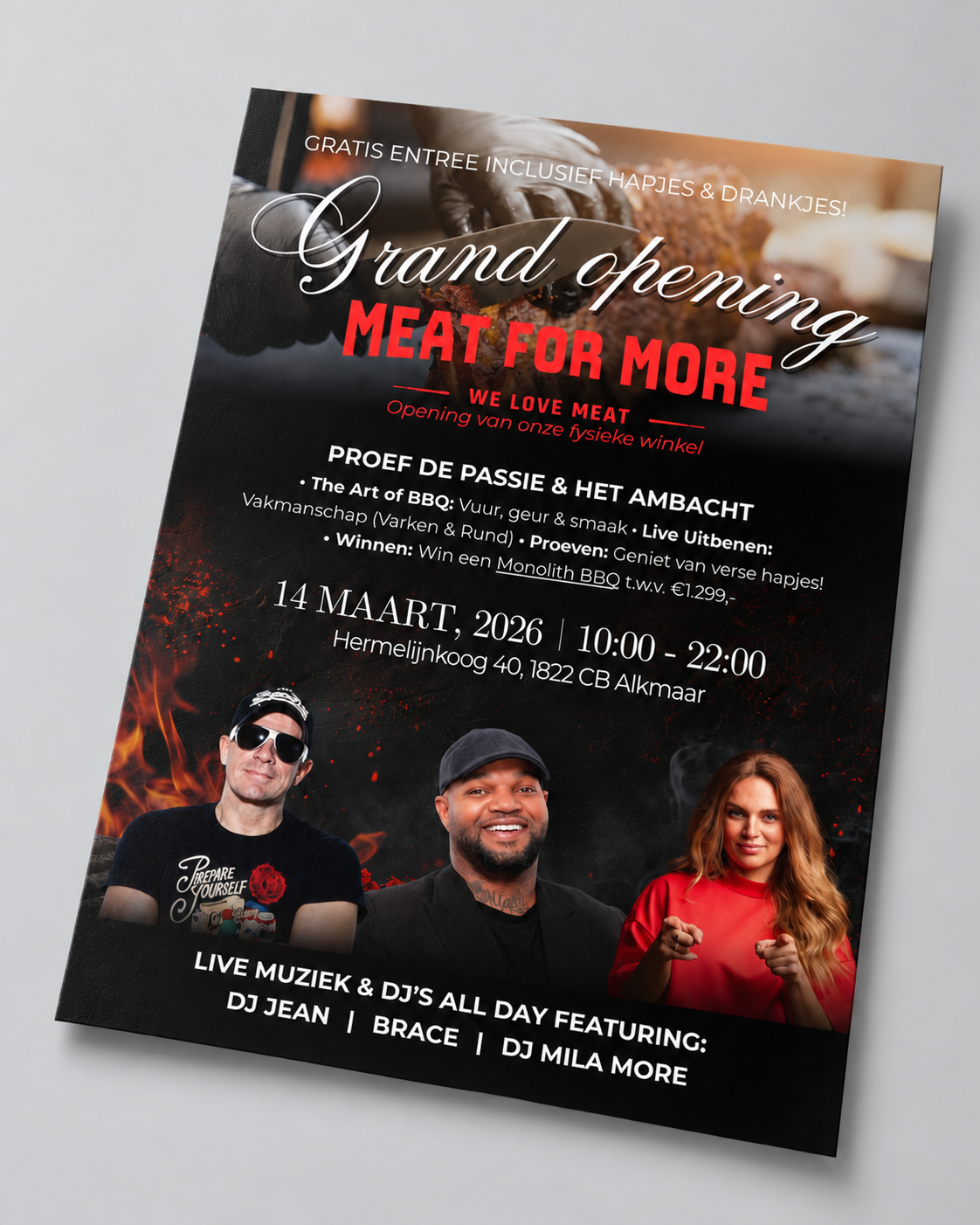 Flyerontwerp voor de feestelijke opening van Meat for More met rood-zwarte vormgeving, evenementinformatie en artiesten.