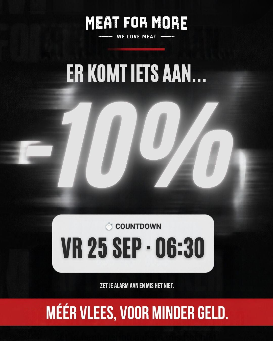 Social media ontwerp voor Meat for More met een kortingsactie van 10 procent, vleesfotografie en krachtige typografie.