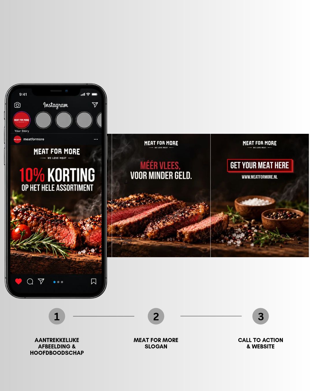 Portfolio mockup van een Instagram carrousel voor Meat for More met smartphone, drie slides en productfotografie.