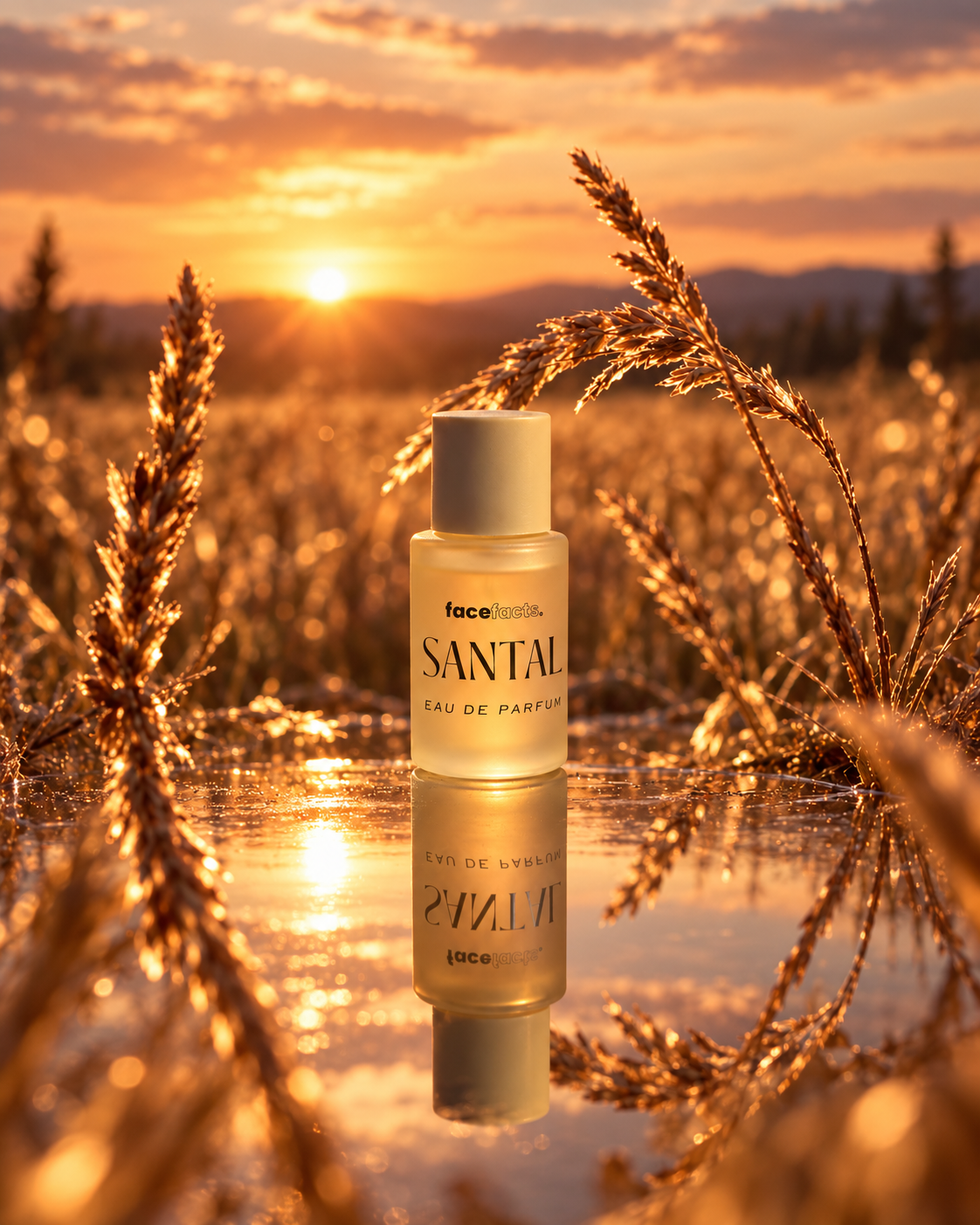 Still van Santal eau de parfum in een graanveld bij zonsondergang
